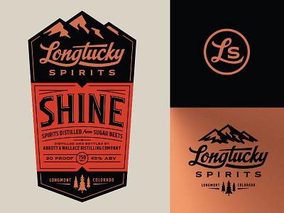 Longtucky Label Logos alcohol colorado copper emblem mountains pines script spirits trees whiskey
