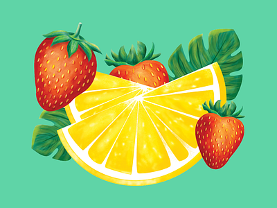 Strawberry Lemonade Illustration calypso illustration label design lemon lemonade packagedesign packaging palm leaf product design strawberry