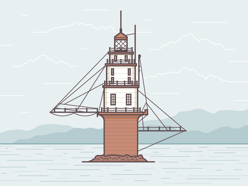 Mile Rocks Lighthouse illustration vector lighthouse nature sea ocean structure building water light sky clouds mountains vintage