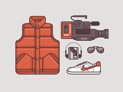 McFly Gear 1985 back to the future cassette glasses icons illustration jacket marty mcfly music nike pattern seamless shoes sunglasses tape texture vector vest video video camera walkman