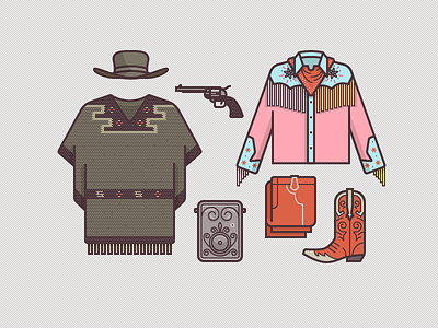 McFly Gear 1885 bandana boots cowboy gun hat icons illustration pants poncho rug tassels vector vintage western