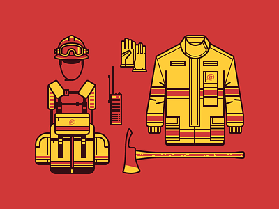 Wildland Firefighter Gear axe backpack coat fire flat gloves helmet icons illustration radio t shirt vector