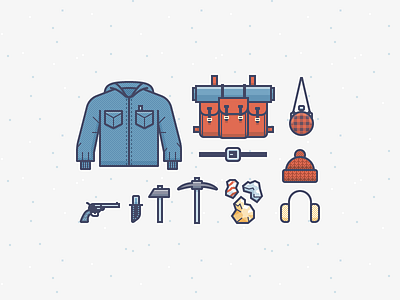 Yukon Cornelius Gear backpack flannel gold gun hat icons illustration jacket tools vector