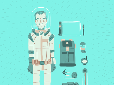 Interstellar Freelance Landscape Illustrator avatar backpack character comic gun hand drawn illustration pad vector