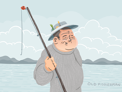 Fisherman art avatar character fish fisherman hat illustration mountain ocean pole vector water