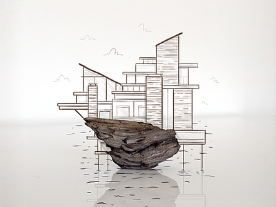 Fallingwater Island architecture doodle illustration island modern photo rock sketch