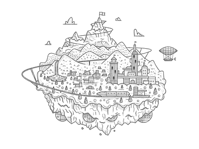 LL Cool Crag ballon blimp castle crag houses illustration island mountains train water