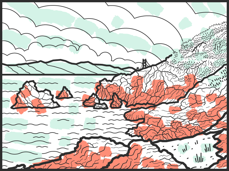 Lands End illustration sf ocean hills bridge mountains color sketch
