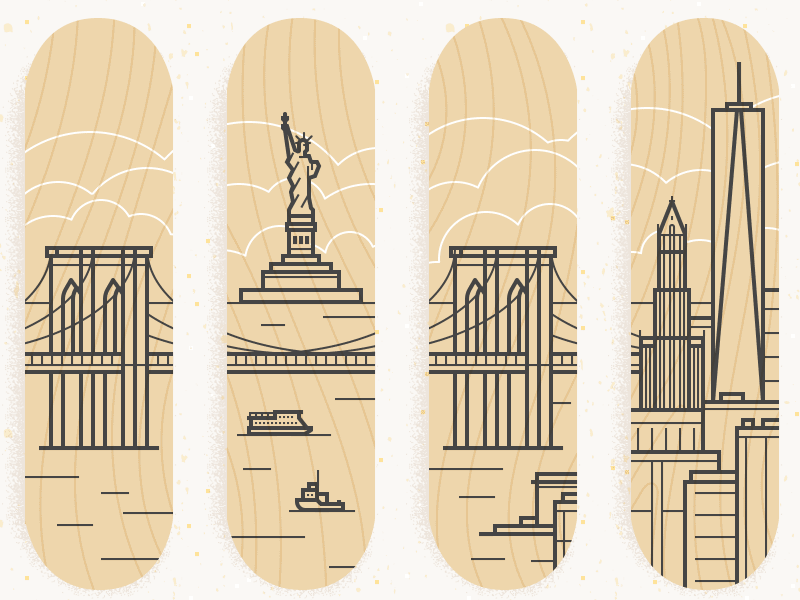 NY Decks Complete buildings city clouds illustration mural new york skateboard vector