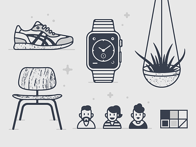 Operator Illos apple watch avatar chair character illustration plant shoes vector