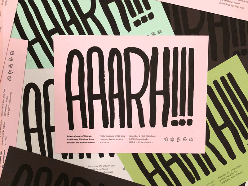 AAARH!!! Collateral buttons illustration print riso texture typography