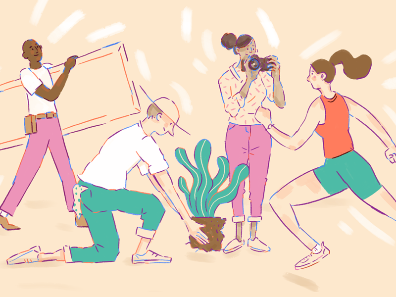 Volunteering gardener construction runner camera volunteering character illustration