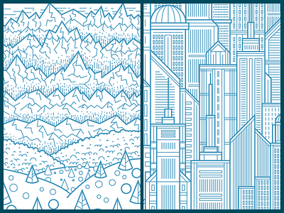 Environments 1 and 2 buildings bushes city clean geometric illustration landscape mountains trees vector windows