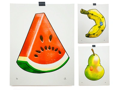 Sad Fruit banana fruit illustration pear print risograph sad watermelon