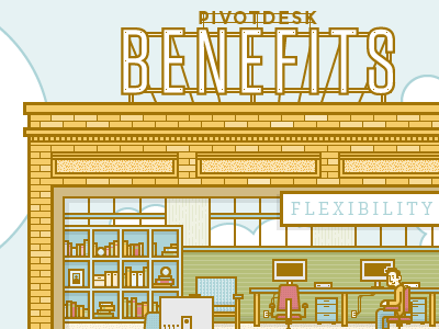 PD Infographic Benefits brick building chair character computer illustration info infographic lettering office screen shelf typography work