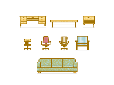 PD Furniture Icons chair couch desk furniture icons illustration living office table task vector vintage