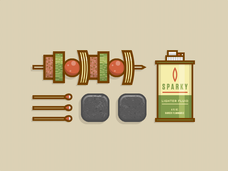 Grill Gear vector icons illustration grill food fire flame fuel matches charcoal briquettes beef meat squash tomatoes onions grub kabob