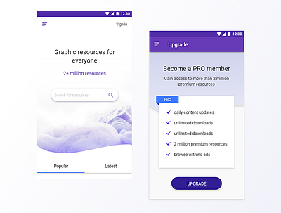 Site for graphic resources become member bullets design hamburger menu home page inspiration material design mobile purple purple design round buttons search ui ui design upgrade ux ux design white