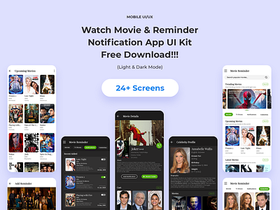 Watch Movie & Reminder Notification App celebrities download free free kit hollywood movie movie app movie download movie notification movie reminder movie reminder app notification reminder streaming ui ux design ui kit uidesign uiux watch watch movie