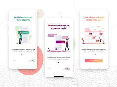 Whatsapp Status Saver On Boarding Screens app illustrations mobile ui mobileui onboarding onboarding illustration onboarding screens onboarding ui status saver ui ui ux design uidesign ux whatsapp whatsapp status saver