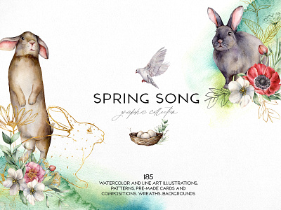 Spring song. Graphic collection card creativemarket design easter easter watercolor floral gold illustration lineart pattern springtime vector watercolor watercolor clipart watercolor flowers watercolor illustration