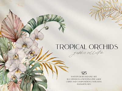 Tropical orchids. Watercolor design floral lineart orchid pattern tropical tropical flowers tropical greenery tropical leaves tropics watercolor watercolor flowers watercolor illustration watercolor leaves