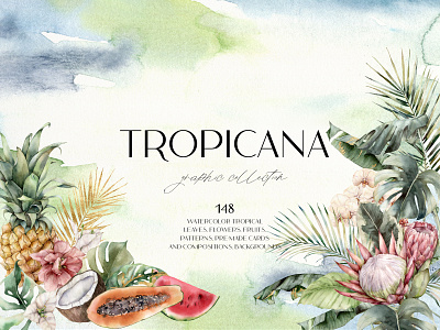 Tropicana. Tropical leaves, flowers, fruits clipart
