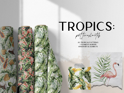 Tropics: leaves patterns and motifs background birds botanical illustration branding design flamingo floral flowers fruits illustration jungle leaves pattern tropic tropical tropical pattern watercolor watercolor illustration