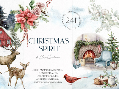 Christmas spirit. Watercolor winter holidays bundle cardinal christmas christmas birds christmas card christmas interior christmas party christmas patterns deers design dry flowers dry leaves fireplace poinsettia robin redbreast watercolor watercolor christmas watercolor illustration woodland