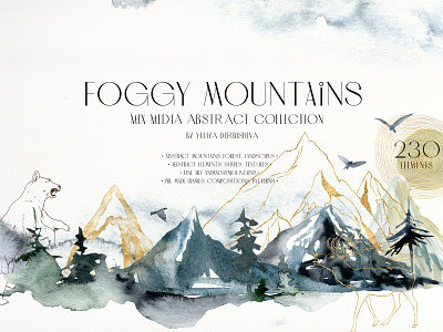 Foggy mountains and forest. Watercolor abstract collection