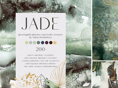 JADE. Green & gold abstract watercolor textures & line art