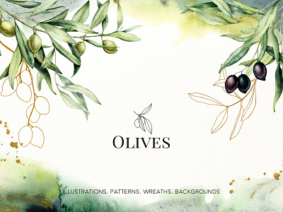 Olives. Watercolor collection arrangement background botanical branch branding cards floral foliage gold greenery greeting logo mediterranean olive olive oil olives texture watercolor olives wedding