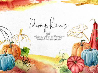 Pumpkins. Watercolor bundle autumn branding card design fall floral gold halloween leaves linear lineart logo pattern premade pumpkin pumpkins watercolor watercolor art watercolor illustration