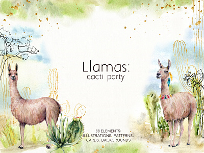 Llamas: cacti party. Watercolor alpaca animals cacti cactus card desert design gold invitation lama lineart llama llamas logo party pattern premade watercolor watercolor illustration watercolor painting