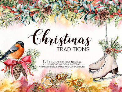 Christmas traditions. Watercolor collection