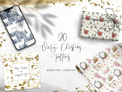 20 Vintage Christmas patterns. Watercolor bundle christmas christmas design christmas party christmas patterns design fabric floral gold illustration leaves lineart new year new year party new year pattern pattern textile trendy watercolor watercolor illustration winter pattern