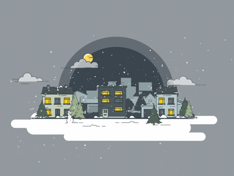Christmas Night gif xmas loop line design flat simple buildings house snow winter