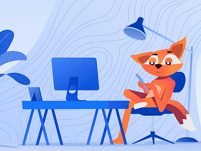 Fox animation designer desk forest fox illustration interior mac office paralax rigged wood