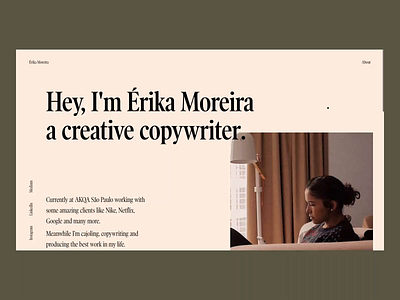 About Page - Erika Moreira Portfolio 3d agency branding clean color concept design logo peach portfolio poster serif typographic typography ui ux web