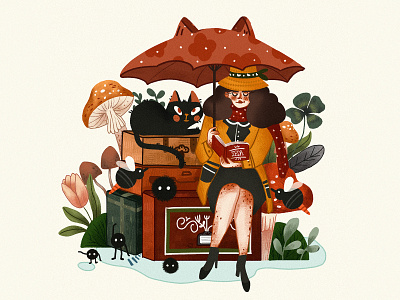 森系场景二 design ui 女孩 插画 插画设计 海报设计 排版 故事 旅行 旅行箱 煤球 猫 绘本 阅读 雨伞