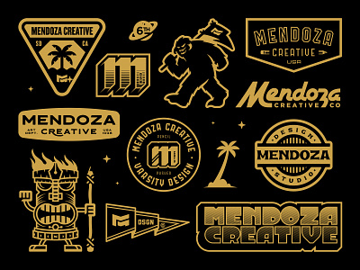 Mendoza Creative Badges badge branding design font icon illustration logo palm tree pen tool tiki tropical type typography vector warrior