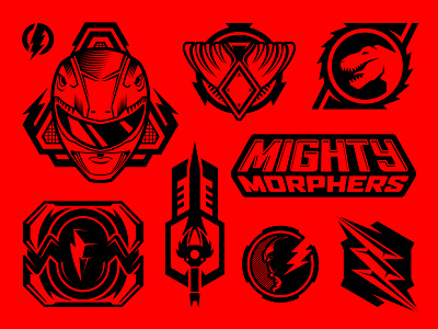 Power Rangers Badges badge bolt dinosaur icon illustration lightning morphin time power rangers red ranger shield toy trex typography