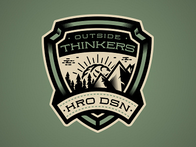 Outside Thinkers badge brain camping forest hrodesign icon logo mountain outdoors shield vector woods