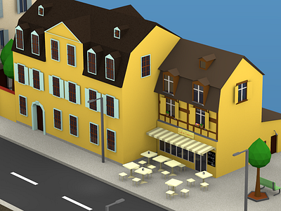 The french café 3d blender cafe city classic croissants french house model old town yellow