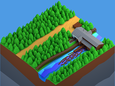 Forest Sawmill 3d blender building forest isometric model rails river trees wood