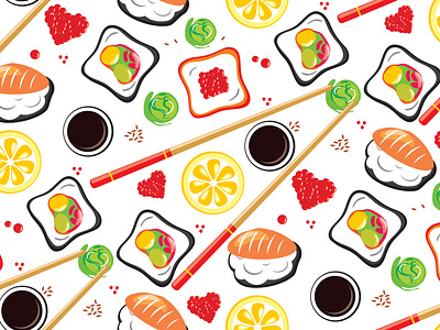 Japanese seafood sushi rolls seamless pattern. Vector asian backdrop caviar collection flat food healthy illustration japan meal menu pattern print salmon seafood set shrimp sushi symbol traditional