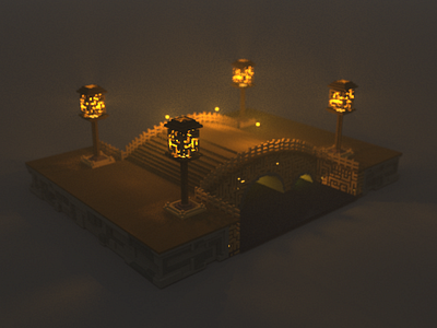 Bridge with Lanterns, Voxel Art