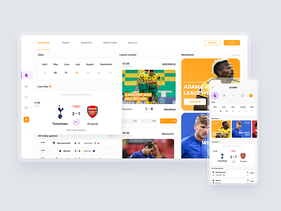 Football Leagues Dashboard - Website and Mobile App Design app app design concept dashboard dashboard ui design flat football minimal mobile news pwa responsive responsive web design rwd ui ux website white design