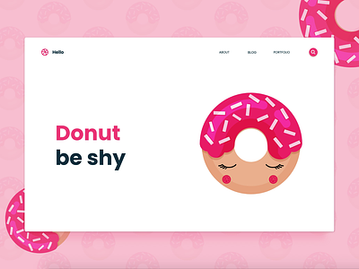 Hello Dribbble character debut dessert donut doughnut dripping first shot flat illustration food foodie header hello hero icing pink shy sprinkles sweets vector illustration