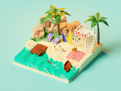 Summer vibes 🏖️ 3d illustration beach blender branding concept diorama illustration isometric low poly lowpoly lowpolyart model nature ocean render scene sea summer